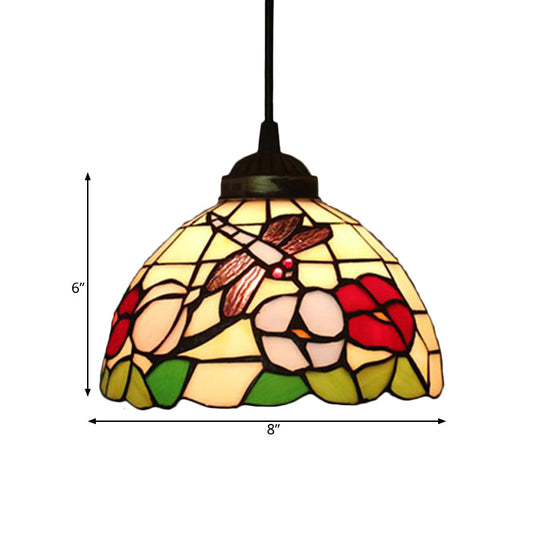 Victorian Floral Ceiling Pendant Light Fixture for Dining Room - Beige/Red/Pink Cut Glass Hanging Lamp