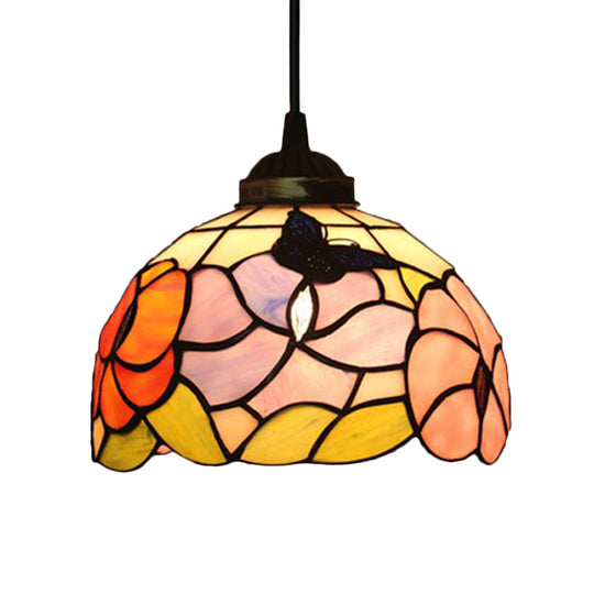 Victorian Floral Ceiling Pendant Light Fixture for Dining Room - Beige/Red/Pink Cut Glass Hanging Lamp