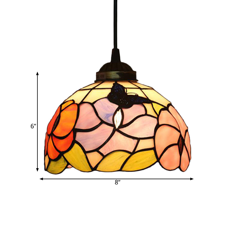 Victorian Floral Ceiling Pendant Light Fixture for Dining Room - Beige/Red/Pink Cut Glass Hanging Lamp