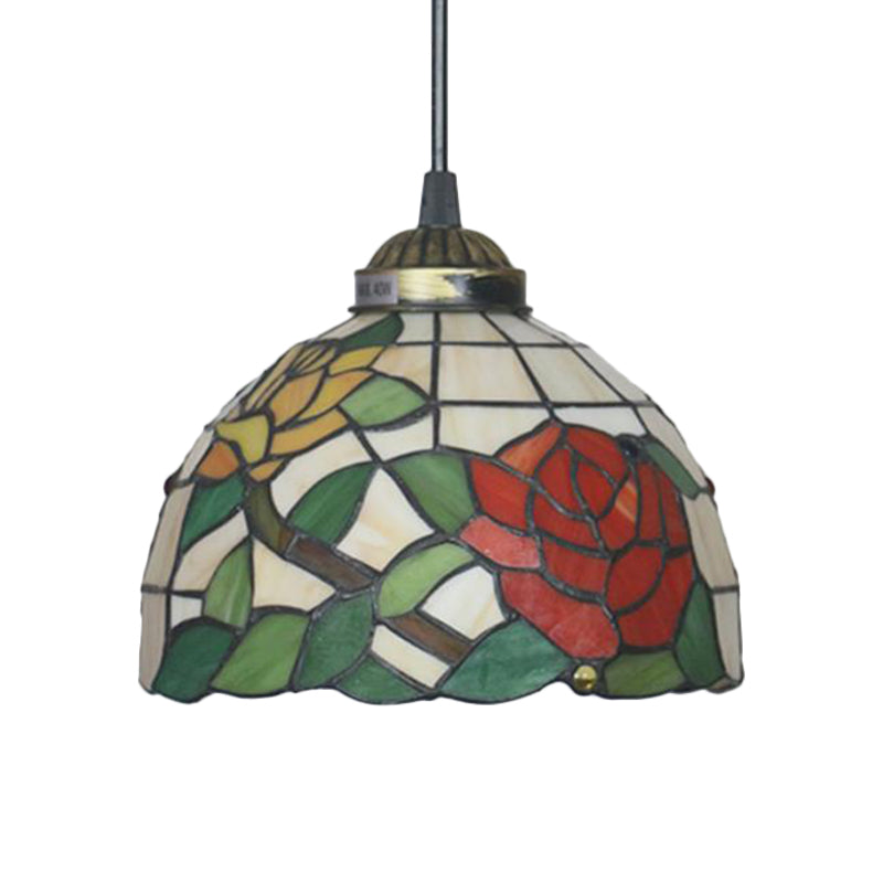 Victorian Floral Ceiling Pendant Light Fixture for Dining Room - Beige/Red/Pink Cut Glass Hanging Lamp