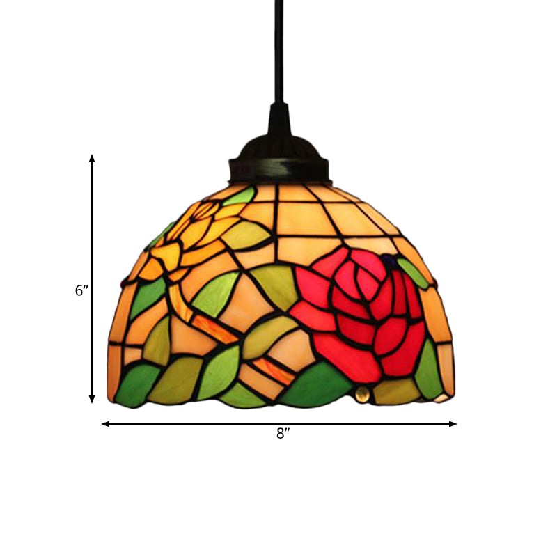 Victorian Floral Ceiling Pendant Light Fixture for Dining Room - Beige/Red/Pink Cut Glass Hanging Lamp