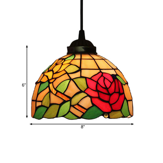 Victorian Floral Ceiling Pendant Light Fixture for Dining Room - Beige/Red/Pink Cut Glass Hanging Lamp