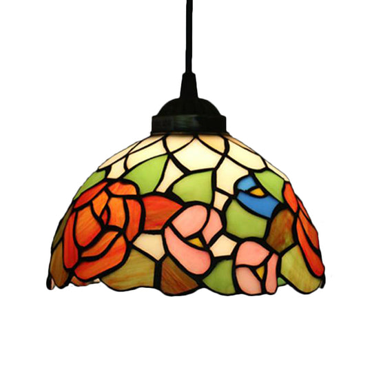 Victorian Floral Cut Glass Pendant Light - 1-Light Beige/Red/Pink Fixture For Dining Room Green