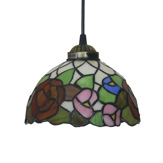 Victorian Floral Ceiling Pendant Light Fixture for Dining Room - Beige/Red/Pink Cut Glass Hanging Lamp