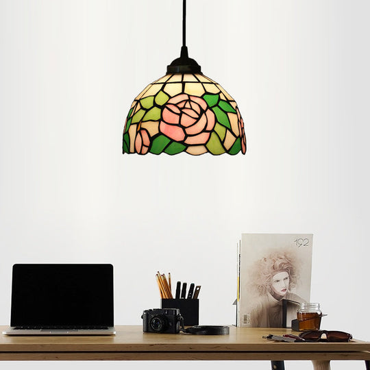 Tiffany Style Blossom Pendant Light Fixture - Multicolored Cut Glass Bronze Down Lighting For Dining