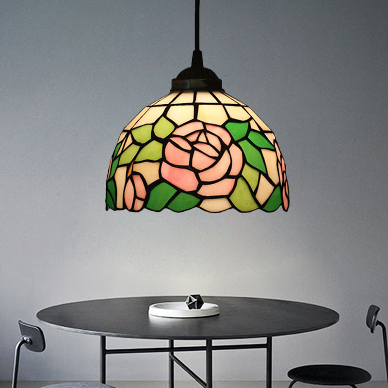 Tiffany Style Blossom Pendant Light Fixture, Red/Pink/Green Cut Glass, Bronze Down Lighting for Dining Room