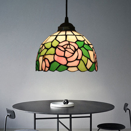 Tiffany Style Blossom Pendant Light Fixture, Red/Pink/Green Cut Glass, Bronze Down Lighting for Dining Room