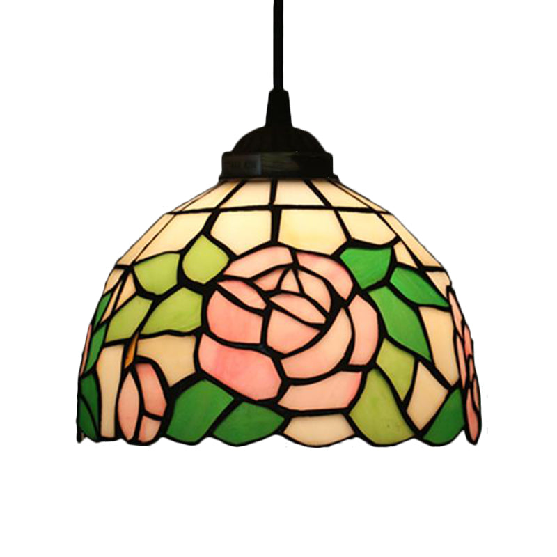 Tiffany Style Blossom Pendant Light Fixture, Red/Pink/Green Cut Glass, Bronze Down Lighting for Dining Room