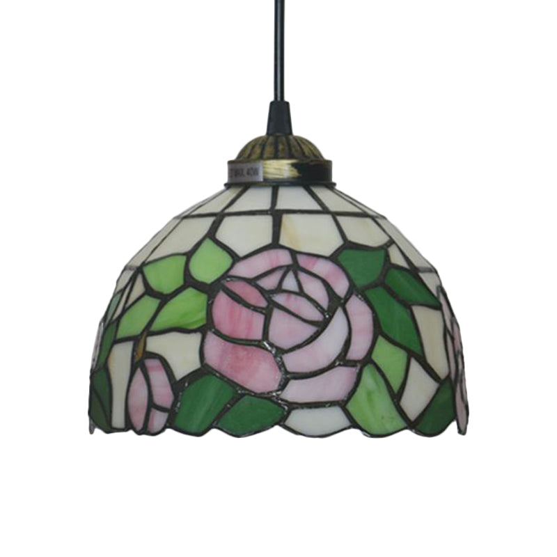 Tiffany Style Blossom Pendant Light Fixture, Red/Pink/Green Cut Glass, Bronze Down Lighting for Dining Room