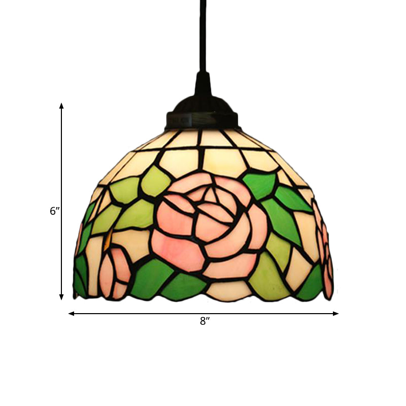 Tiffany Style Blossom Pendant Light Fixture, Red/Pink/Green Cut Glass, Bronze Down Lighting for Dining Room