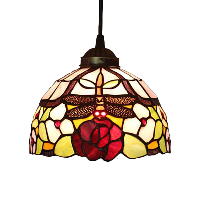 Tiffany Style Blossom Pendant Light Fixture, Red/Pink/Green Cut Glass, Bronze Down Lighting for Dining Room