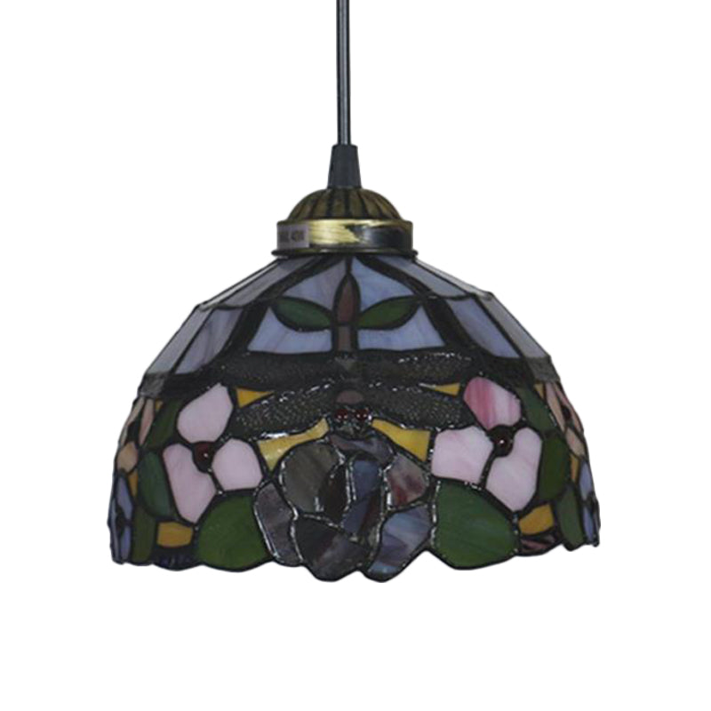 Tiffany Style Blossom Pendant Light Fixture, Red/Pink/Green Cut Glass, Bronze Down Lighting for Dining Room