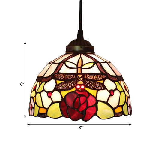 Tiffany Style Blossom Pendant Light Fixture, Red/Pink/Green Cut Glass, Bronze Down Lighting for Dining Room