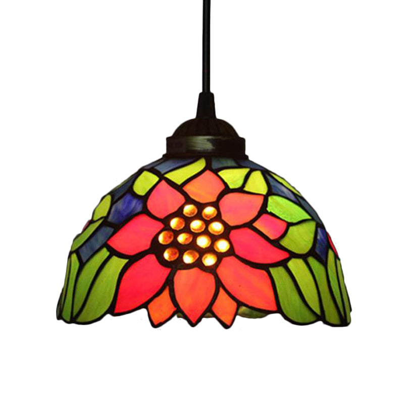 Tiffany Style Blossom Pendant Light Fixture - Multicolored Cut Glass Bronze Down Lighting For Dining