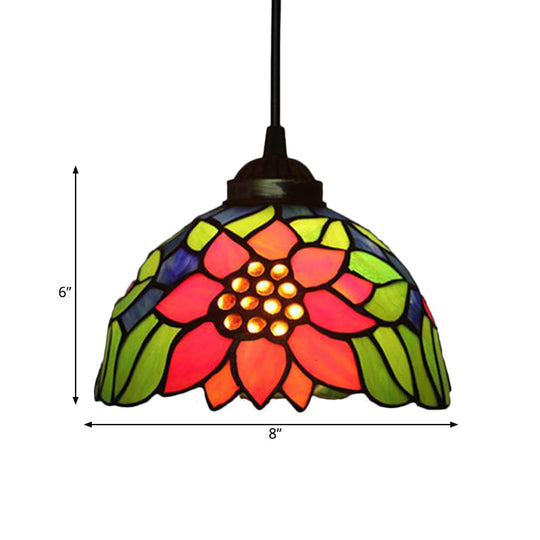 Tiffany Style Blossom Pendant Light Fixture, Red/Pink/Green Cut Glass, Bronze Down Lighting for Dining Room