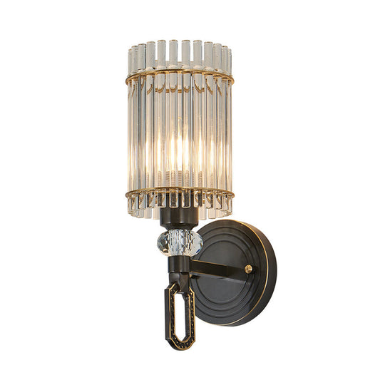 Traditional Black Clear K9 Crystal Wall Sconce Lighting Fixture - 1/2 Lights Cylinder Walllight