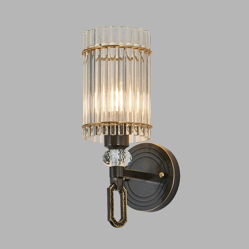 Traditional Black Clear K9 Crystal Wall Sconce Lighting Fixture - 1/2 Lights Cylinder Walllight