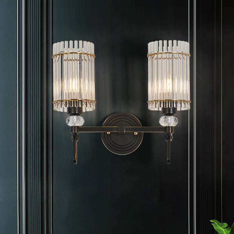 Traditional Black Clear K9 Crystal Wall Sconce Lighting Fixture - 1/2 Lights Cylinder Walllight