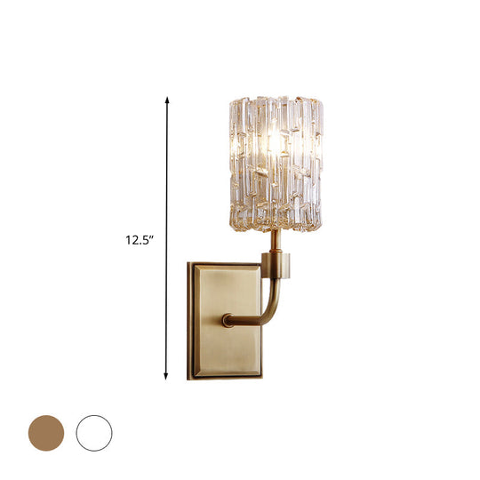 Minimalist Cylindrical Metal Sconce Light - Clear/Amber Crystal Wall Mount Lighting For Living Room