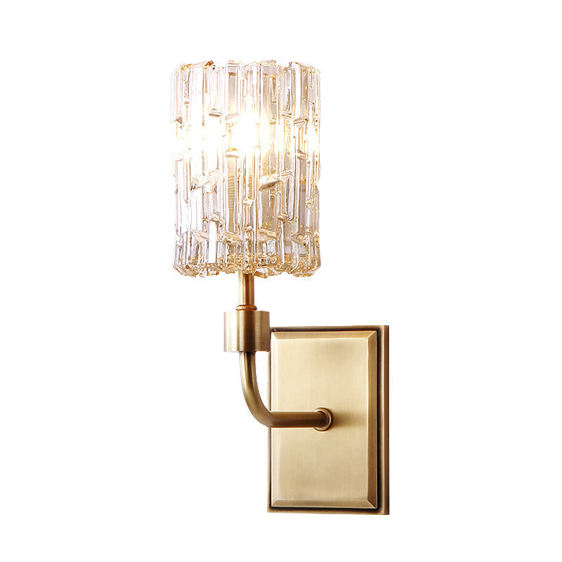 Minimalist Cylindrical Metal Sconce Light - Clear/Amber Crystal Wall Mount Lighting For Living Room