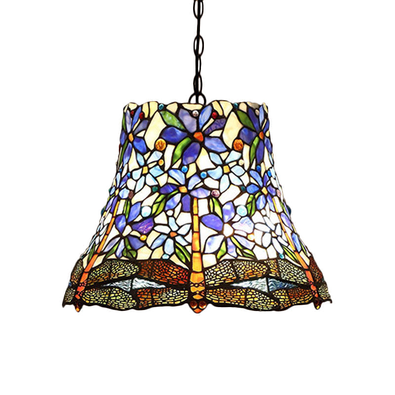 Victorian Bronze Flower Pendant Chandelier - 2-Light Red/Blue/Green Cut Glass Ceiling Light Purple