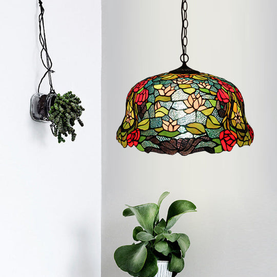 3-Light Cut Glass Chandelier in Blossom Red/Orange/Green with Bronze Ceiling Pendant for Kitchen