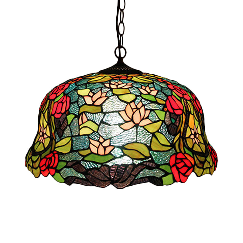 3-Light Cut Glass Chandelier in Blossom Red/Orange/Green with Bronze Ceiling Pendant for Kitchen