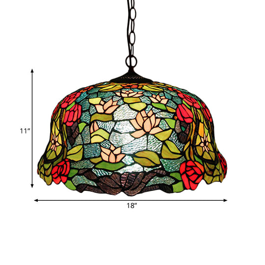 3-Light Cut Glass Chandelier in Blossom Red/Orange/Green with Bronze Ceiling Pendant for Kitchen