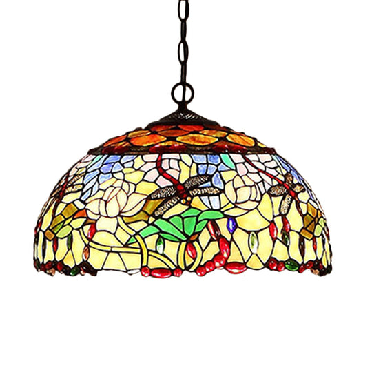 3-Light Cut Glass Chandelier in Blossom Red/Orange/Green with Bronze Ceiling Pendant for Kitchen