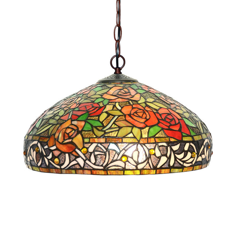 3-Light Cut Glass Chandelier in Blossom Red/Orange/Green with Bronze Ceiling Pendant for Kitchen