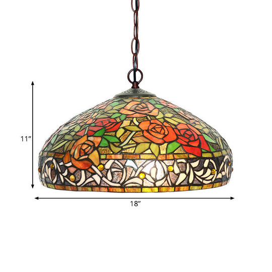 3-Light Cut Glass Chandelier in Blossom Red/Orange/Green with Bronze Ceiling Pendant for Kitchen