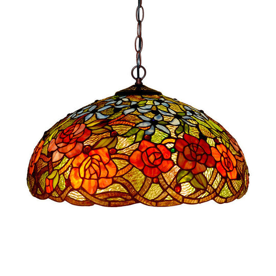 3-Light Cut Glass Chandelier in Blossom Red/Orange/Green with Bronze Ceiling Pendant for Kitchen