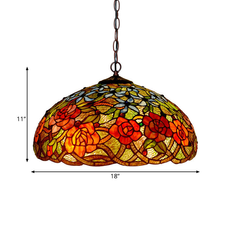 3-Light Cut Glass Chandelier in Blossom Red/Orange/Green with Bronze Ceiling Pendant for Kitchen