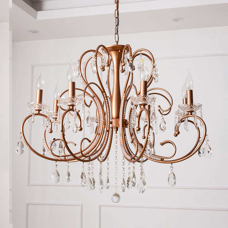 Brass Crystal Curvy Chandelier Lamp With Countryside Charm - 3/6/8 Lights