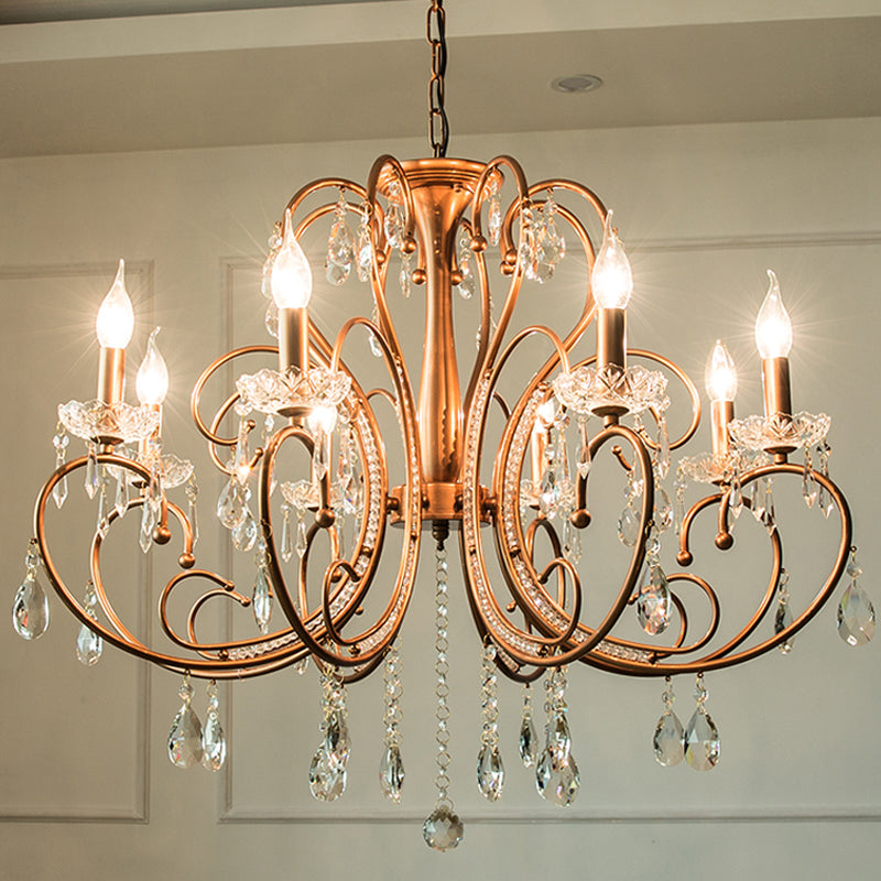 Brass Crystal Curvy Chandelier Lamp With Countryside Charm - 3/6/8 Lights