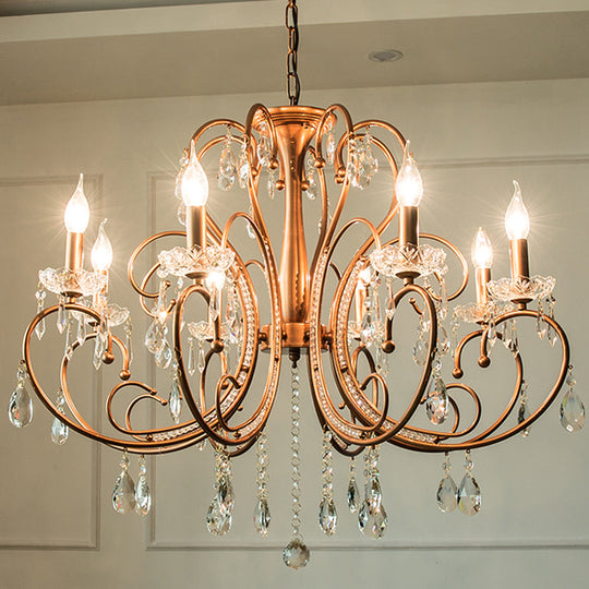 Brass Crystal Curvy Chandelier Lamp With Countryside Charm - 3/6/8 Lights