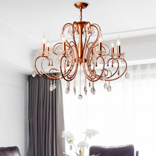 Brass Crystal Curvy Chandelier Lamp With Countryside Charm - 3/6/8 Lights