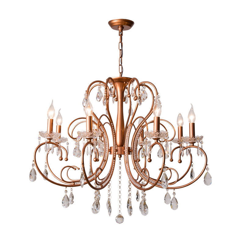 Brass Crystal Curvy Chandelier Lamp With Countryside Charm - 3/6/8 Lights