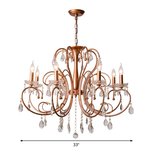 Brass Crystal Curvy Chandelier Lamp With Countryside Charm - 3/6/8 Lights