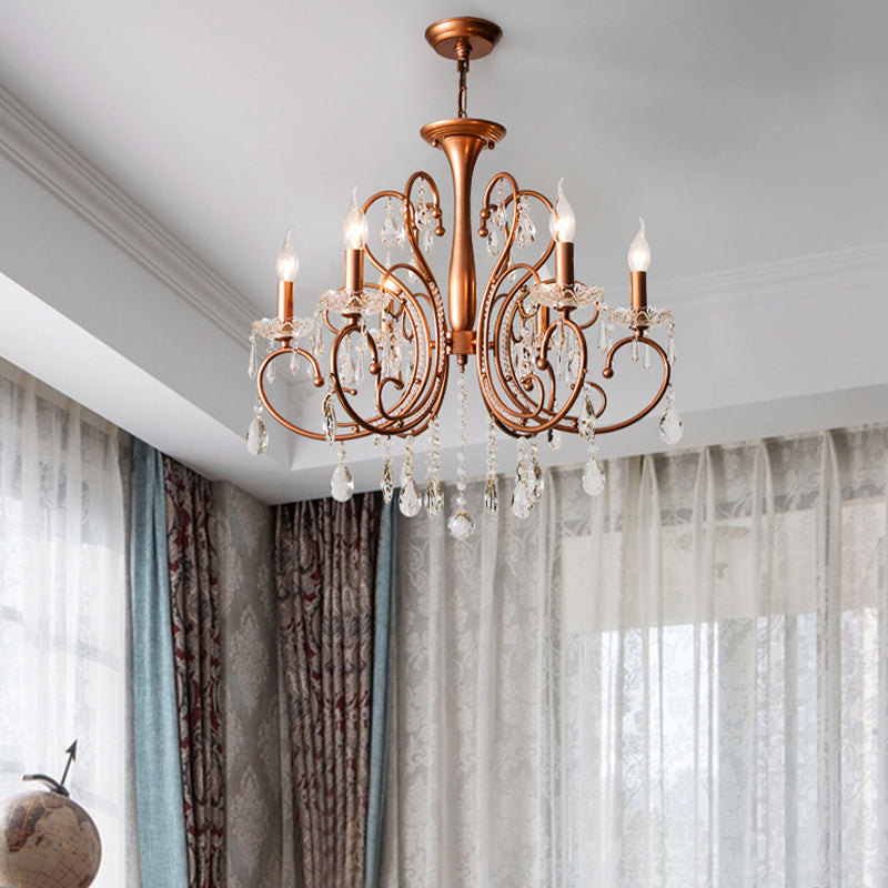 Brass Crystal Curvy Chandelier Lamp With Countryside Charm - 3/6/8 Lights