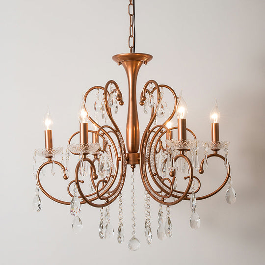 Brass Crystal Curvy Chandelier Lamp With Countryside Charm - 3/6/8 Lights