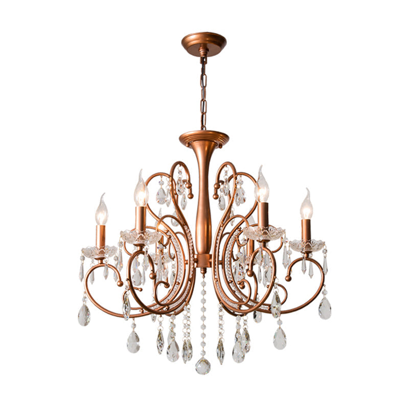 Brass Crystal Curvy Chandelier Lamp With Countryside Charm - 3/6/8 Lights