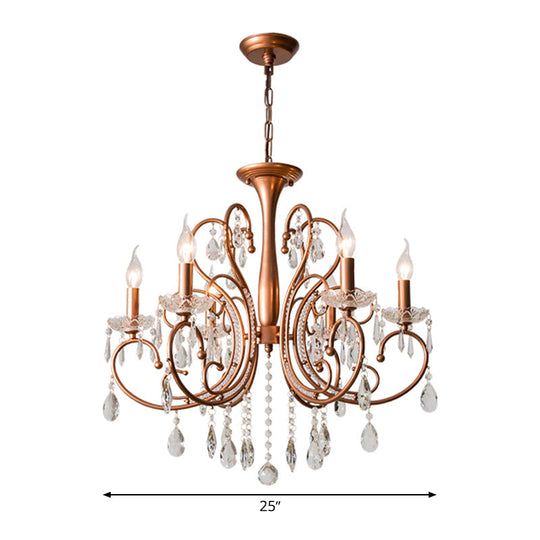 Brass Crystal Curvy Chandelier Lamp With Countryside Charm - 3/6/8 Lights