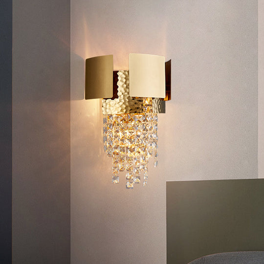 Gold Crystal Led Wall Sconce With 2 Cascading Bulbs For Traditional Bedroom Lighting