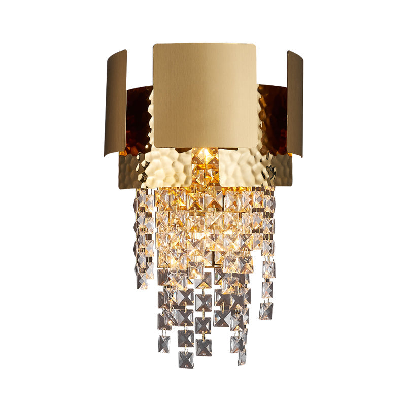 Gold Crystal Led Wall Sconce With 2 Cascading Bulbs For Traditional Bedroom Lighting