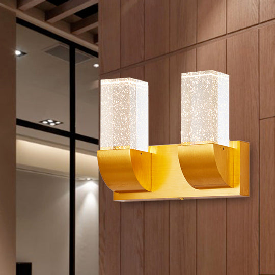 Gold Crystal Led Wall Sconce With Minimalist Rectangular Design - 2/3 Bulb Bubble Light