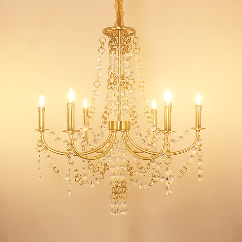 Minimalistic Crystal Chandelier - 6 Lights Gold Finish Bedroom Ceiling Lamp