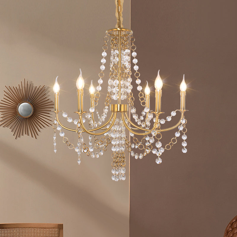 Minimalistic Crystal Chandelier - 6 Lights Gold Finish Bedroom Ceiling Lamp