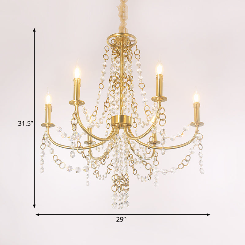 Minimalistic Crystal Chandelier - 6 Lights Gold Finish Bedroom Ceiling Lamp