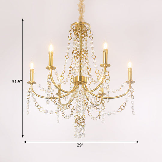 Minimalistic Crystal Chandelier - 6 Lights Gold Finish Bedroom Ceiling Lamp